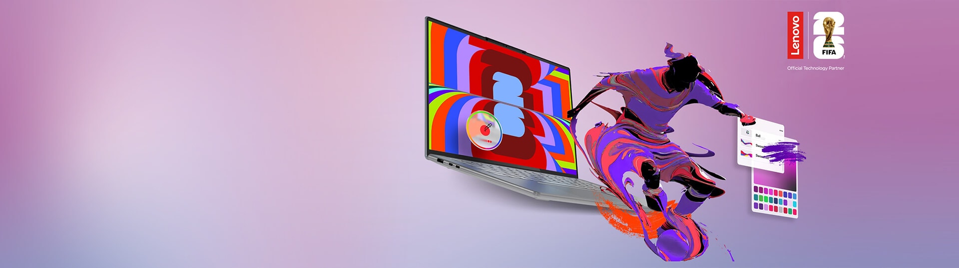 Yoga 노트북 디스플레이의 FIFA ’26 로고에서 튀어나오는 것처럼 보이는 공을 드리블하고 있는 축구 선수의 삽화.