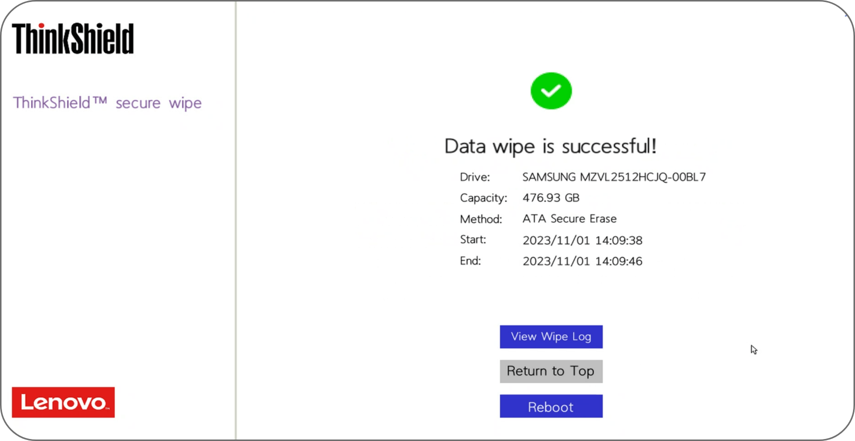 ThinkShield secure wipe (NIST SP 800-88 対応)