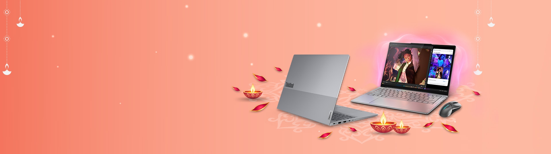 Two Lenovo ThinkPad X1 laptops against a dark red gradient background — one showing the closed lid with the X1 logo, and the other open displaying a colorful Windows 11 screen and the signature ThinkPad keyboard.